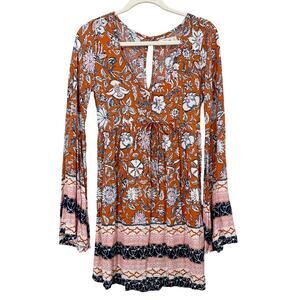Abercrombie & Fitch Floral V-Neck Bell Sleeve Boho Western Baby Doll Mini Dress